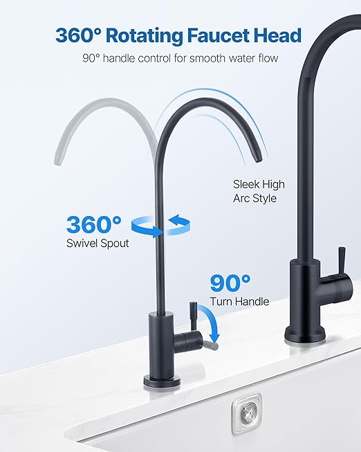 VEVOR Water Filter Faucet, RO Faucet with Lead-Free Brass Valve, 304 Stainless Steel, 0.8GPM Drinking Water Faucet Fits Most Reverse Osmosis & Filtration System, Kitchen Filtered Water Tap, Black