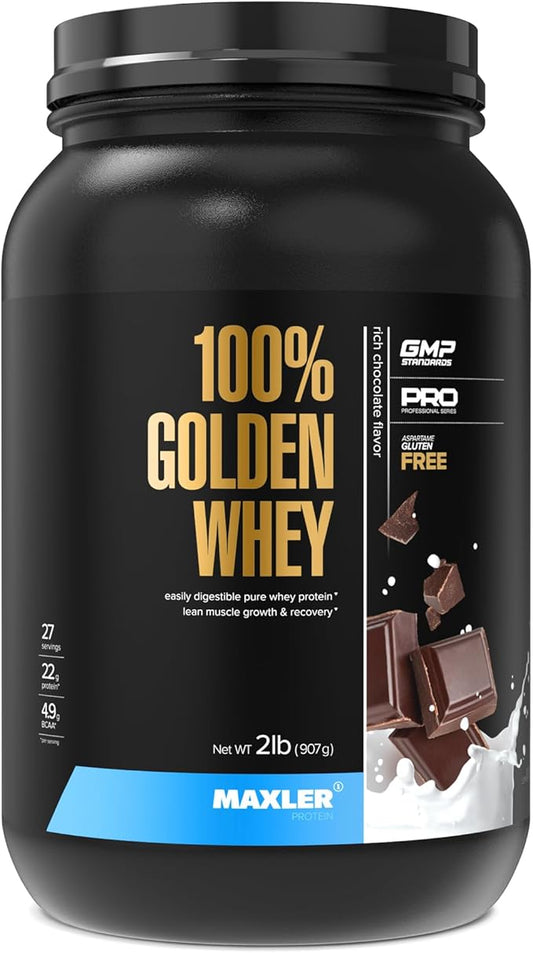 Maxler 100% Golden Whey - 22g of Protein per Serving - High Protein, Low Fat, Low Carb, Complete Amino Acid Profile - Rich Chocolate Protein 2 lb