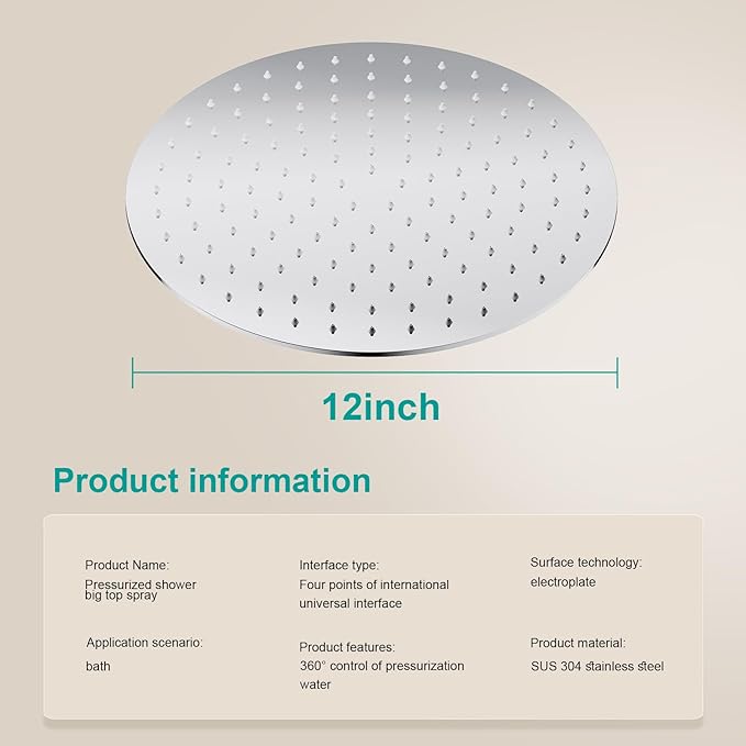 All Metal Rain Shower Head - Heavy Duty Stainless Steel, Easy Install, High Water Flow, Ultra-Thin Modern Design for Bathroom (Chrome, 12)