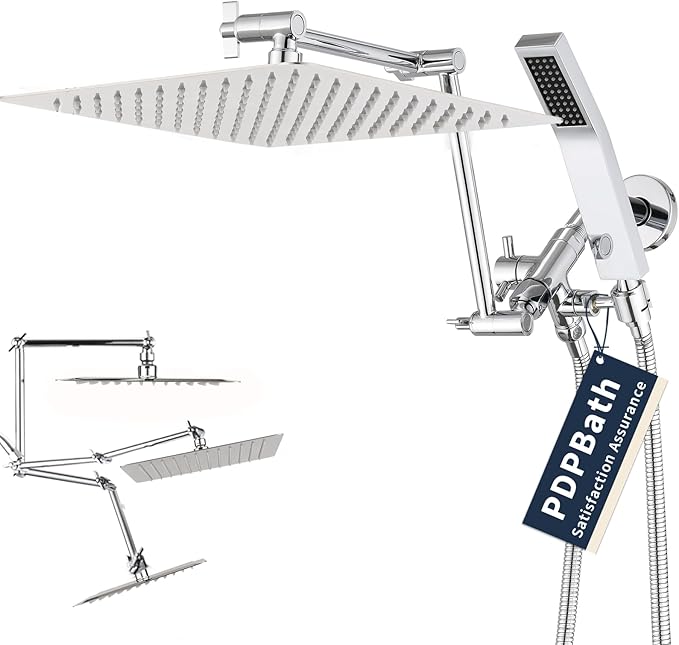 PDPBath All Metal 12" Rainfall Shower Head with 16" Upgrade Flexible Extension Arm, Shower Head with Handheld Combo,70" Extra Long Shower Hose, 3-Way Diverter, Chrome