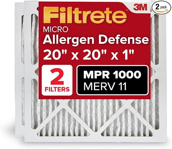 Filtrete 20x20x1 AC Furnace Air Filter, MERV 11, MPR 1000, Micro Allergen Defense, 3-Month Pleated 1-Inch Electrostatic Air Cleaning Filter, 2 Pack (Actual Size 19.719 x 19.719 x 0.84 in)