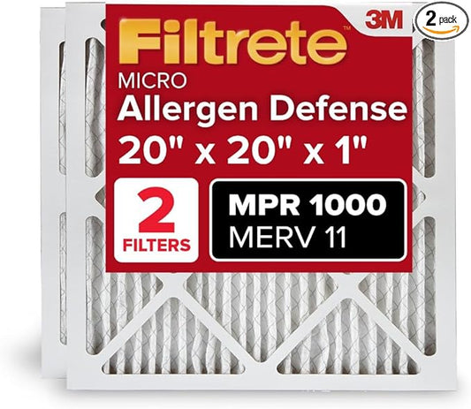 Filtrete 20x20x1 AC Furnace Air Filter, MERV 11, MPR 1000, Micro Allergen Defense, 3-Month Pleated 1-Inch Electrostatic Air Cleaning Filter, 2 Pack (Actual Size 19.719 x 19.719 x 0.84 in)