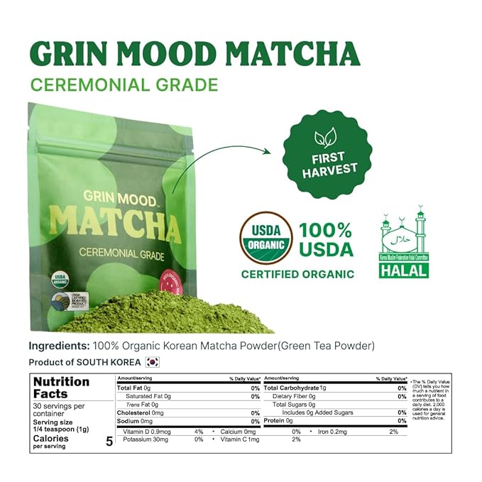GRIN MOOD Matcha Powder - Organic Ceremonial Green Tea Powder(3.53oz) - Decaffeinated First Harvest Green Tea, Authentic Korean Matcha, Halal, Eco-Friendly Recyclable Package