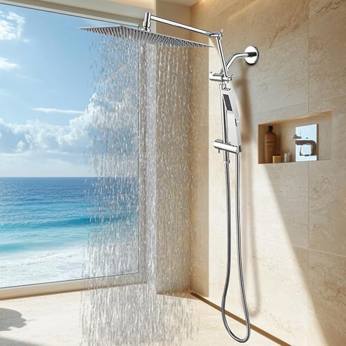 All Metal 10 Inch Rain Shower Head with Handheld Spray Combo, High Pressure Waterfall Rainfall Square Shower Heads with 16" Adjustable Extension Arm, Dual Showerhead with 3-Way Diverter, Chrome