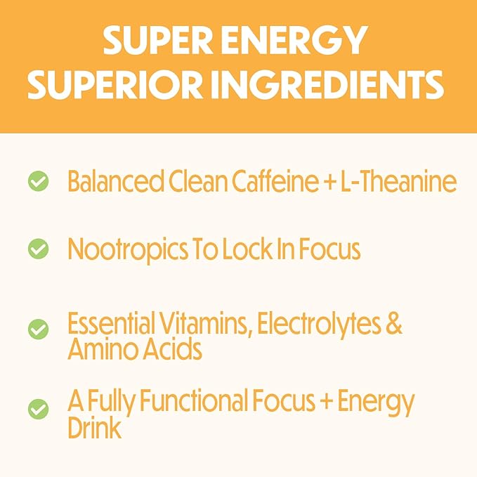 Forgge Energy Booster Super Drink - Clean Caffeine + B12, B6, C & D Vitamins - Sugar Free Energy Drink Powder with Electrolytes, Amino Acids, Antioxidants, Lions Mane - Vegan, Keto-Friendly - 30 SVG, Peach Mango