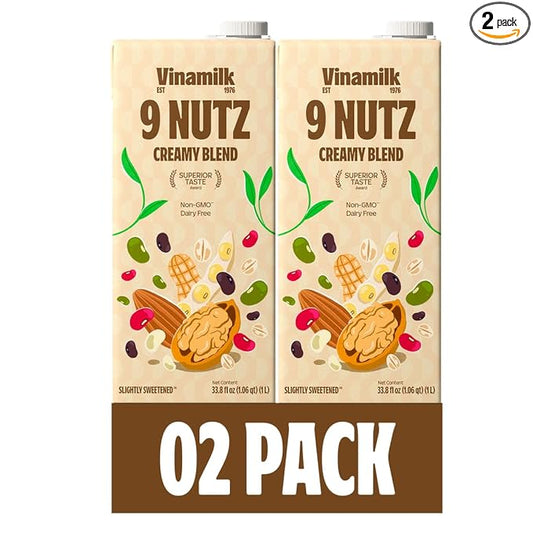 Vinamilk 9 Nutz Creamy Blend | Pack 2 | Oat Almond Walnut + Whole Soy Beans, Plant Based Milk, 33.8 Fl Oz Each, Light Sweet, Shelf Stable - Lactose Free, Dairy Free, Glyphosate Free