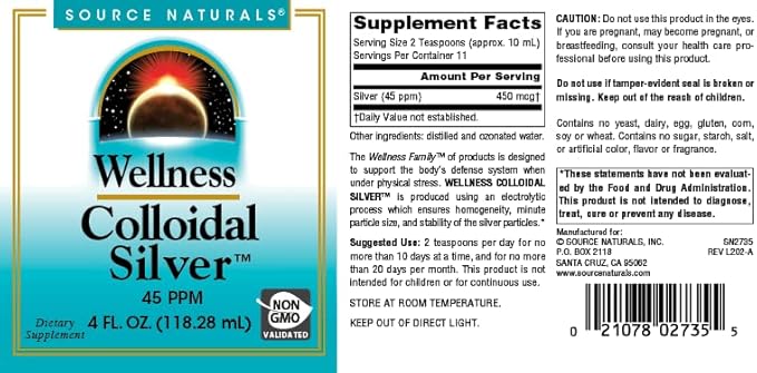 Source Naturals Wellness Colloidal Silver 45 ppm, Supports Physical Well Being* - 4 Fluid oz