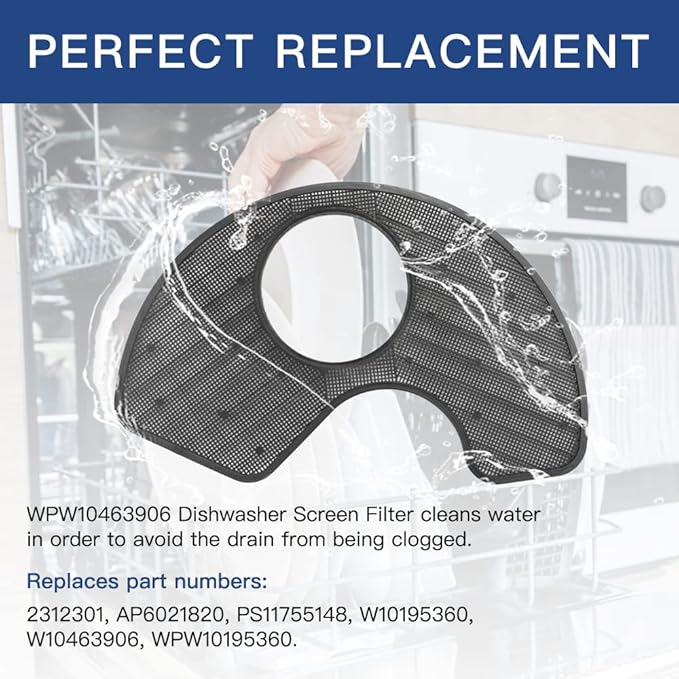 WPW10463906 Dishwasher Screen Filter Replacement Part Assembly, Replaces W10463906, W10195360, Compatible with Whirlpool Dishwashers