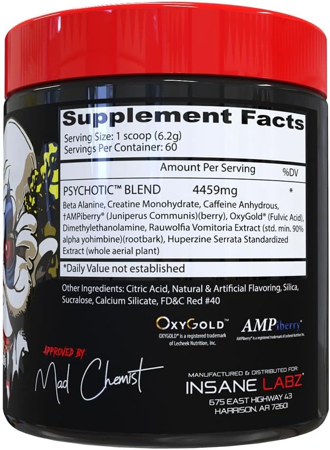 Insane Labz Psychotic, High Stimulant Pre Workout Powder, Extreme Lasting Energy, Focus and Endurance with Beta Alanine, Creatine Monohydrate, DMAE, 60 Srvgs, Fruit Punch