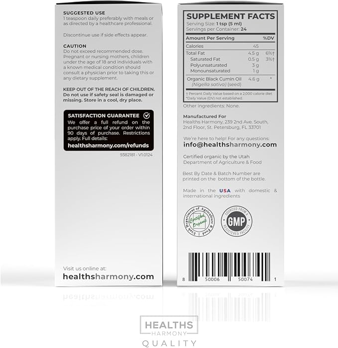 USDA Organic Black Seed Oil Liquid (4 fl oz) Premium Cold-Pressed Nigella Sativa Producing Pure Black Cumin Seed Oil - Antioxidant Supplement - Vegan, Gluten-Free, & Non-GMO (No Pills or Capsules)