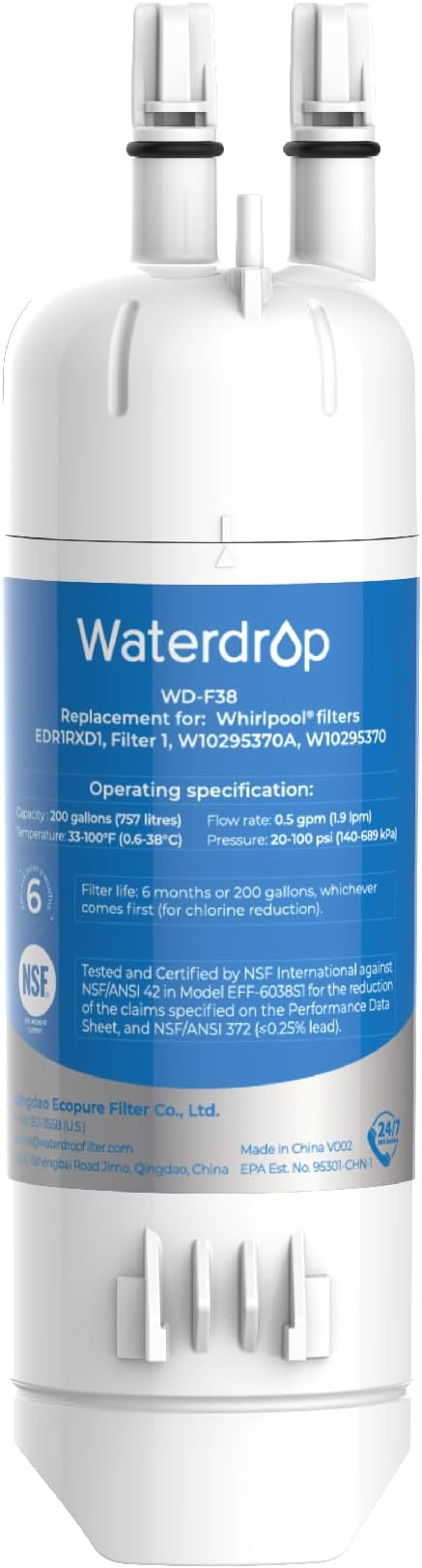Waterdrop EDR1RXD1 Replacement for Everydrop® Filter 1, Whirlpool® W10295370A, EDR1RXD1B, P8RFWB2L, P4RFWB, WD-F38, Kenmore® 46-9081, 46-9930 Refrigerator Water Filter
