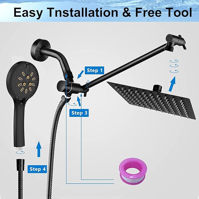 Shower Head, 10" High Pressure Black Rainfall Shower Head with Handheld Spray Combo, 6 Settings Handheld with 78" Anti-leak Hose, 11" Adjustable Extension Arm, Ultra Thin Water Saving, AWAXFOLO