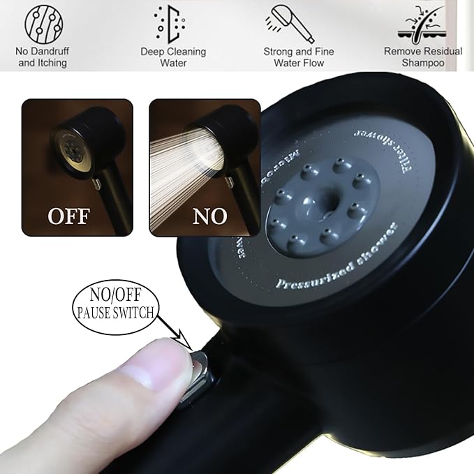 High Pressure Shower Head with Handheld,Shower Head with Filter with Pause Switch Water Saving Filter Showerhead, Filtered Shower with Hose, Bracket and Cotton Filter, Make Bathing Healthier (black)