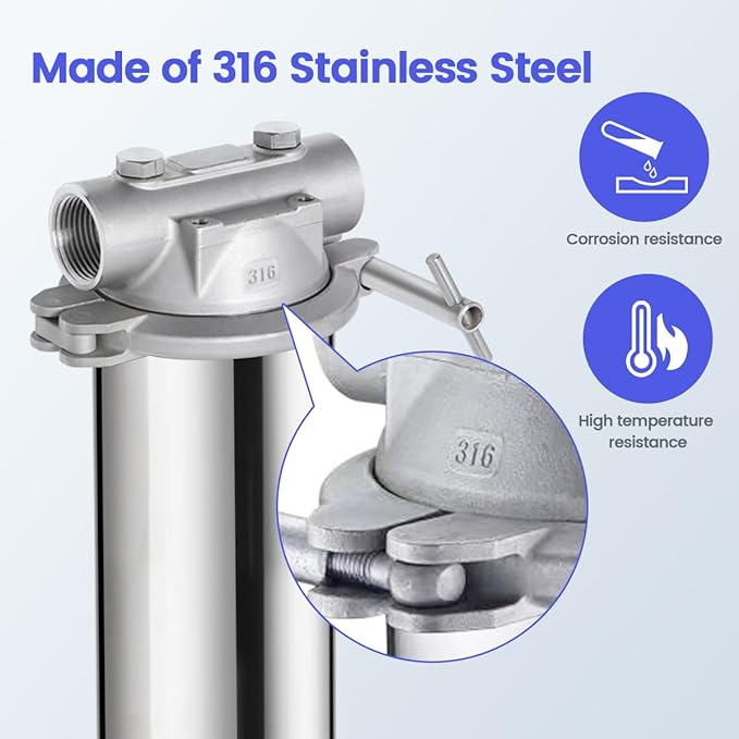 Amwater 316 Stainless Steel Filter Housing for Filter Cartridge, Water Filter Housing for Whole House Water Purification of Stainless Steel 316 (10" C Housing-1 NPT)
