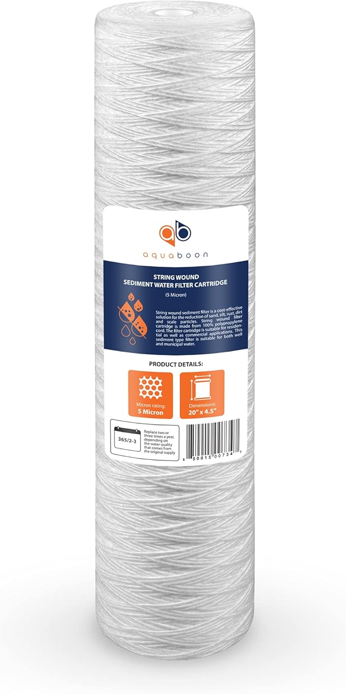 Aquaboon 5 Micron 20 x 4.5 Whole House String Wound Water Filter Replacement Cartridge for Well Water Filtration Compatible with WP5BB20P, 10-Pack