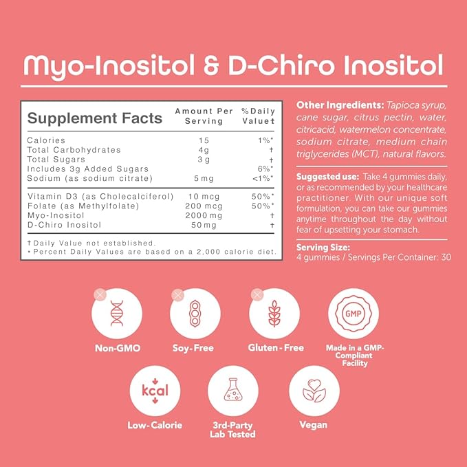 kindnature Myo-Inositol & D-Chiro Inositol Gummies with Vitamin D & Folate - Ideal 40:1 Ratio - 30 Day Supply