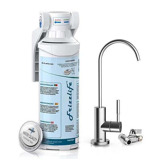 Frizzlife Under Sink Water Filter-NSF/ANSI 53&42 Certified Drinking Water Filtration System-0.5 Micron Removes Lead, Chlorine,Bad Taste & Odor, W/Dedicated Faucet