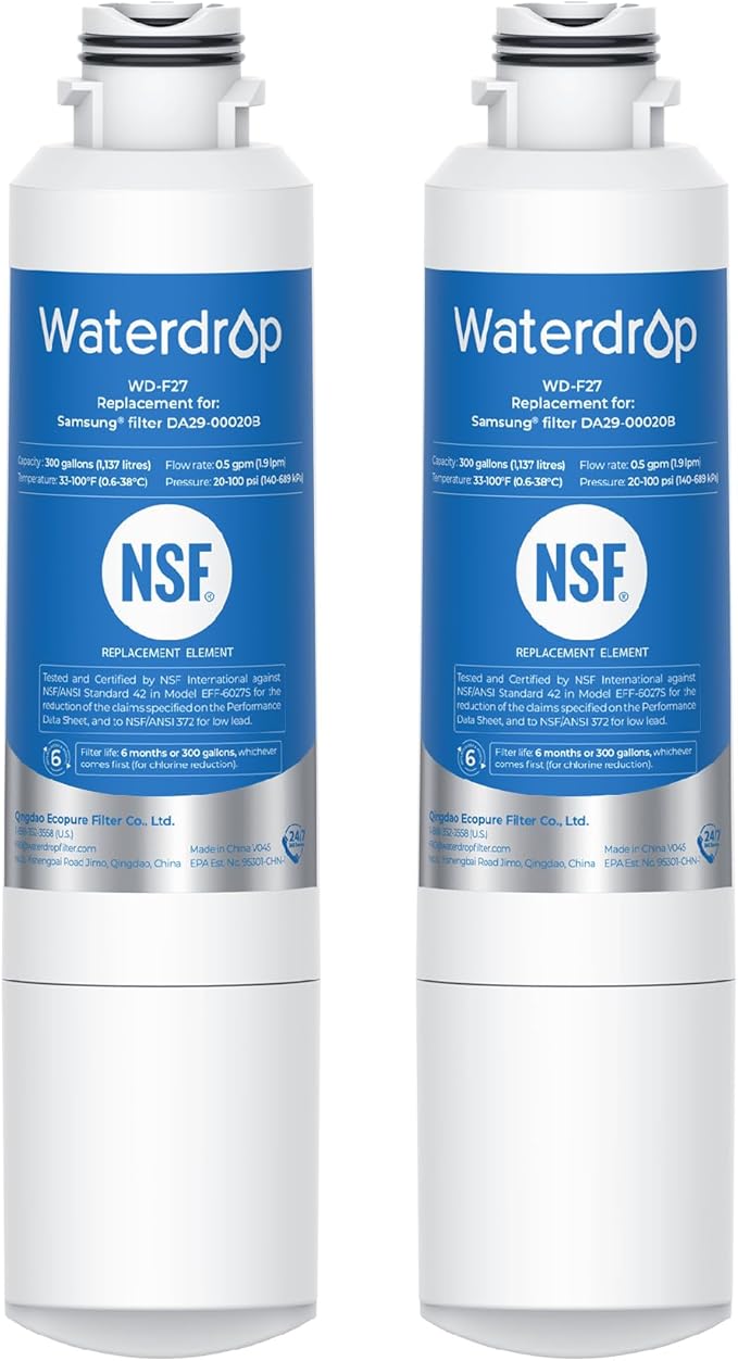 Waterdrop DA29-00020B Refrigerator Water Filter, Replacement for Samsung® HAF-CIN/EXP, DA29-00020B-1, RF263BEAESR, RF4287HARS, Reduce Chlorine, bad Taste and Odor, 2 Filters(Package May Vary)