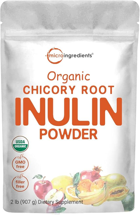Micro Ingredients Organic Inulin Fiber Powder, 2lb | Natural Prebiotic to Support Digestive & Gut Health | Soluble, Easily Digestible | Unflavored, Vegan