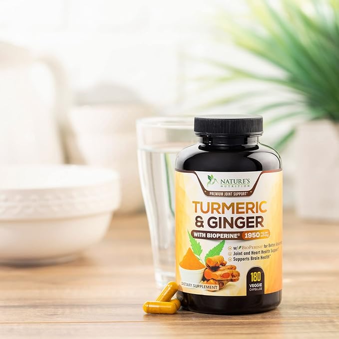 Turmeric Curcumin Supplement 1950mg - 95% Curcuminoids with Organic Turmeric & Ginger, BioPerine Black Pepper for Best Absorption, Nature's Vegan Joint Support, Non-GMO, Bottled in USA - 180 Capsules
