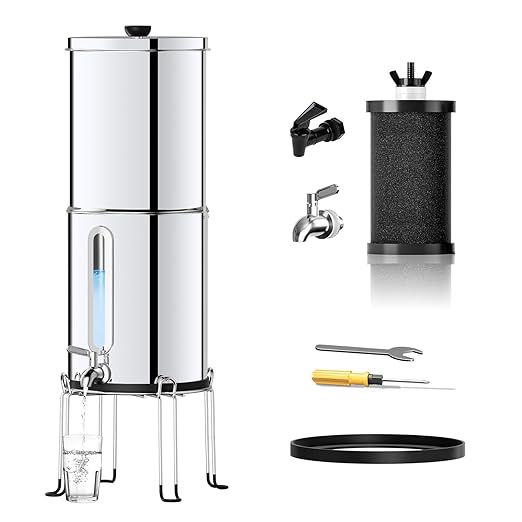 1G Gravity-fed Water Filter System - NSF/ANSI 42&372 Certified 18/8 Stainless Steel Countertop Water Filtration System - Water Level Window, Reduce 99.9% of Chlorine, for Camping, RVs