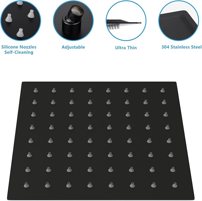 Lordear Black Shower Head 6 Inch Rainfall Black Shower Head Square Solid Ultra Thin 304 Stainless Steel Fixed Rain Shower Head with Self Cleaning Nozzles