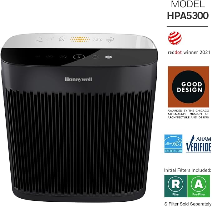 Honeywell Allergen Plus HEPA Air Purifier for Home Large Rooms up to 2400 Ft², Air Quality Monitor, Auto Mode, Reduces Allergens, Pollen, Pet Dander, Odors, Smoke, Black, HPA5300B