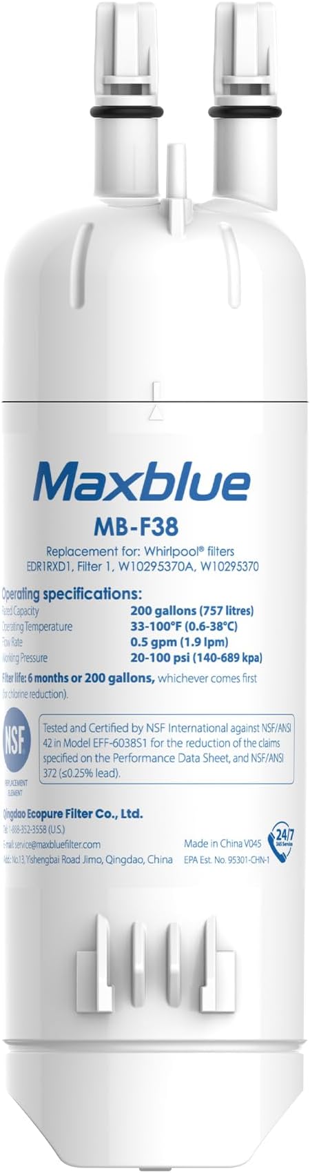 Maxblue MB-F38 Replacement for W10295370A, Everydrop® Filter 1, EDR1RXD1, EDR1RXD1B, P8RFWB2L, P4RFWB, Kenmore® 46-9081, 46-9930, Refrigerator Water Filter, 1 Filter
