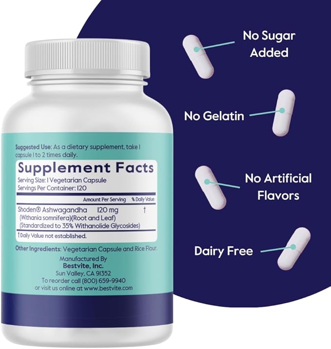 BESTVITE Advanced Ashwagandha 120mg w/Shoden (120 Vegetarian Capsules) - Clinically Studied Containing Industry Leading 35% Withanolide Glycosides - No Stearates - Vegan - Non GMO - Gluten Free