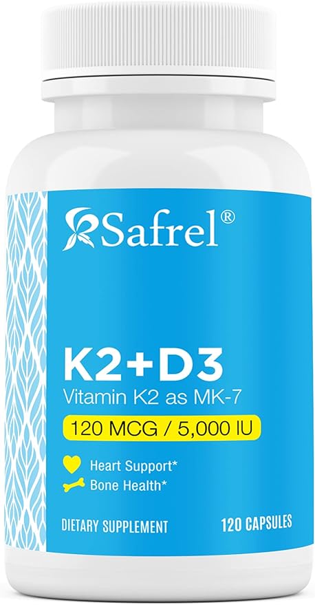 Safrel Vitamin K2 (MK7) 120 MCG and D3 5000 IU Supplement per Capsule, Supports Calcium Absorption for Bone, Immune and Heart Health, Easy to Swallow K2 and D3, Non-GMO, 120 Count