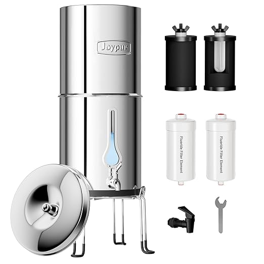 2.25G Gravity Water Filter System with New Water Level Window, 3-Stage 0.01μm Ultra-Filtration Stainless Steel Countertop System with 4 Filters Sand Stand, Reduce 99.9% Chlorine and Fluoride