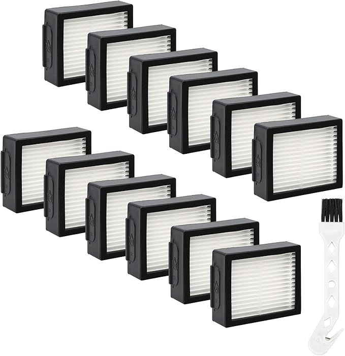 HEPA Filters Replacement for iRobot Roomba E I & J Series i7 i7+/plus i3 i3+ E5 E6 E7 i4 i4+ i5 i5+ i6 i6+ i8 i8+ Vacuum Cleaner, 12 Pack High Efficiency Filters + 1 Cleaning Brush