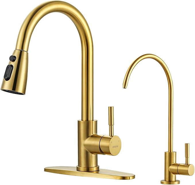 Kitchen Faucet and Water Filter Faucet Combo, WOWOW Stainless Steel Kitchen Sink Faucet with Drinking Water Faucet for Reverse Osmosis or Water Filtration System, Brushed Gold