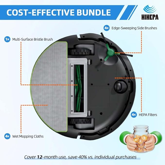 Robot Vacuum Part Replacement for iRobot Roomba 105 Vac Y0140 Q0120 Y0110 105 Combo Q011 Q0520 Models - 1 Main Brush, 4 Side Brushes, 4 HEPA Filters,4 Mop Pads｜Pet Hair Solution