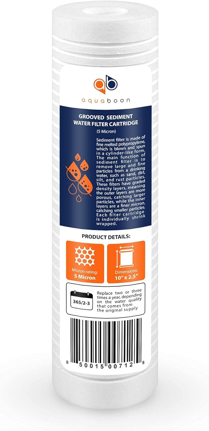 Aquaboon 5 Micron 10 x 2.5 Grooved Sediment Water Filter Replacement for Whole House Filter Cartridge Compatible with AP110, WHKF-GD05, CFS110, 25-Pack