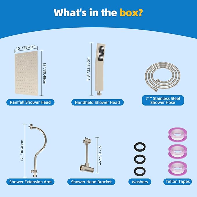 Hibbent All Metal Shower Head, 12'' High Pressure Rainfall Shower Head, Showerhead Combo, Handheld Shower Wand, 12'' Adjustable Shower Extension Arm, 71'' Hose, Shower Head Holder, Brushed Nickel