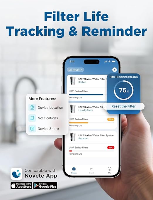 NOVETE Under Sink Water Filter System, Upgraded 30,000 Gallons, NSF/ANSI 42 & 372 Certified, Reduces 99% Chlorine, Lead, PFOA/PFOS, Bad Taste & Odor, Direct Connect to Kitchen Faucet, UWF1A-PC, Black