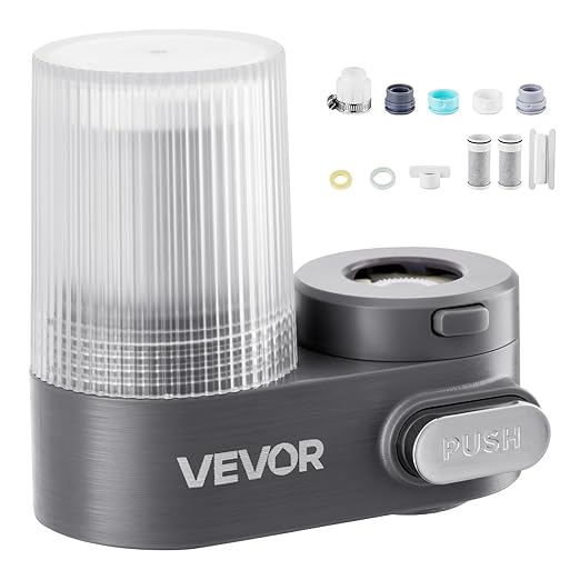 VEVOR Faucet Mount Water Filter, Vertical Water Purifier for Sink Tap, NSF Certified Carbon Fiber Filter, Removes Chlorine Lead with 3 Filters, Fits Most Kitchen or Bathroom Faucets, Gray