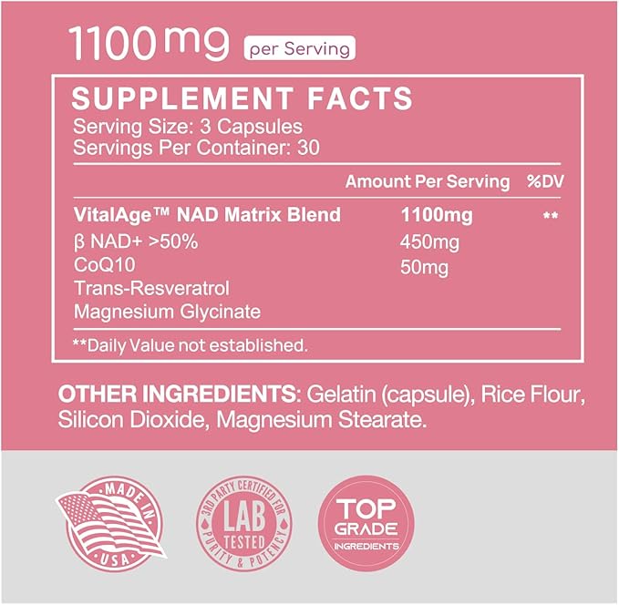 VHC NAD+ Supplement, NMN Alternative Liposomes with CoQ10, Trans-Resveratrol for Women & Men,Support Energy, Anti-Aging,Focus,90 Capsules