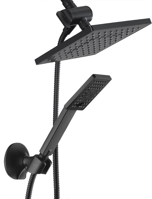 BRIGHT SHOWERS Rain Shower Head with Handheld Spray, High Pressure Square Showerhead Combo with Rainfall & Handheld, Detachable Dual Shower with Anti-Clog Nozzles, 60" Hose, Matte Black