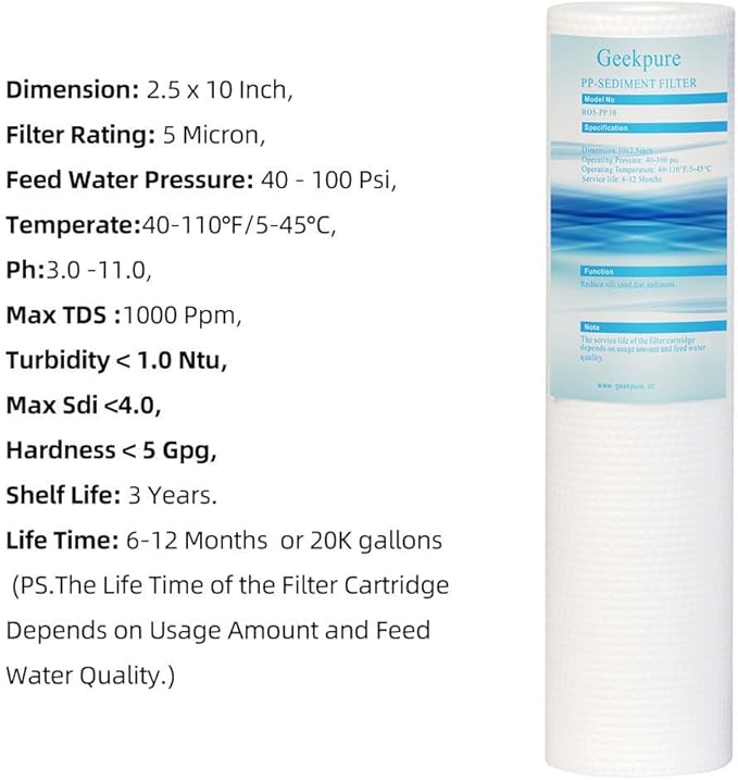 Geekpure 10 Inch PP Sediment Replacement Cartridge for RO Water Filtration- 2.5" x 10"-5 Micron -Pack of 6