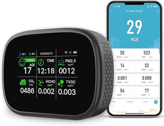 18-in-1 Smart Air Quality Monitor - Indoor WiFi Air Quality Detector with Dual Chip, Real-Time for AQI, CO2, PM2.5, PM1.0, PM10, TVOC, HCHO, Time Display, Temperature & Humidity with APP (Black-Black)