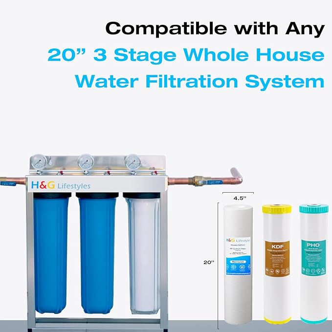 H&G Lifestyles Whole House Water Filter Cartridge, 4.5 x 20 KDF Water Filter, Polyphosphate Water Descaler, PP Cotton Sediment Filter, 3 Stages Water Filtration