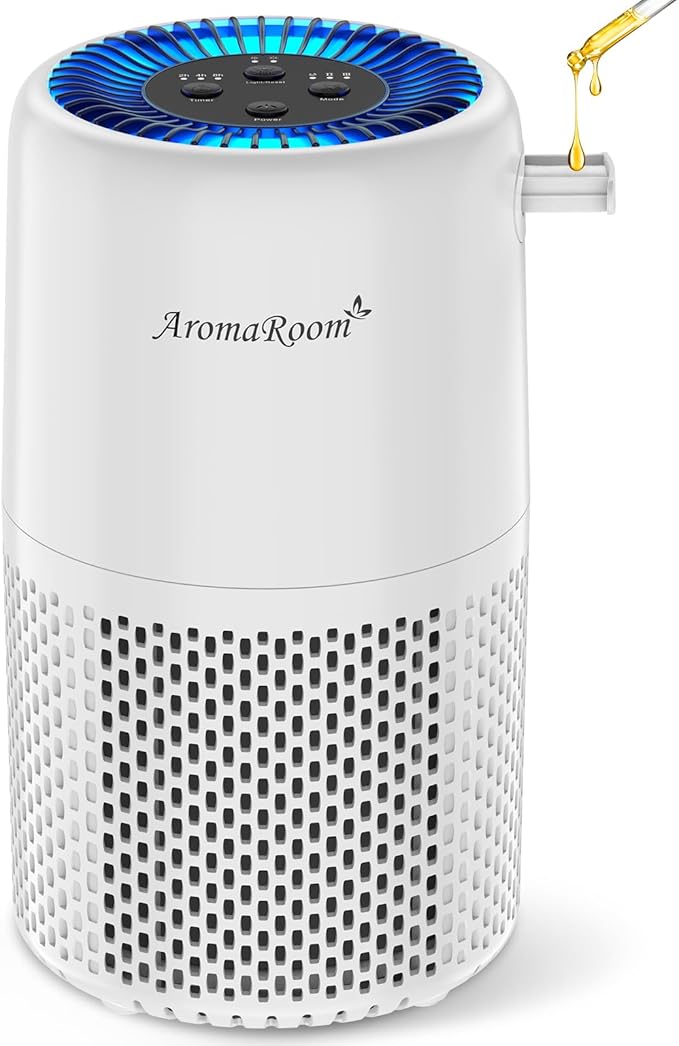 Air Purifier for Home Bedroom, AromaRoom H13 HEPA Air Filter For Smoke Pollen Dander Hair Smell Air Cleaner, 3-in-1 Filter with Sleep Mode, Quiet Air Cleaner For Pets, Home, Baby Room (White, AP103)