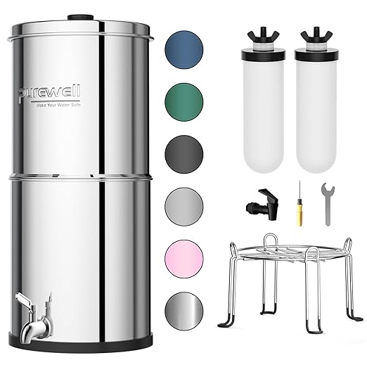 Purewell 3-Stage Gravity Fed Water Filter System, 2.25 Gallon Stainless Steel Countertop System with 2 Washable Ceramic Filters and Stand, Reduce up to 99% Chlorine, PW-OBT