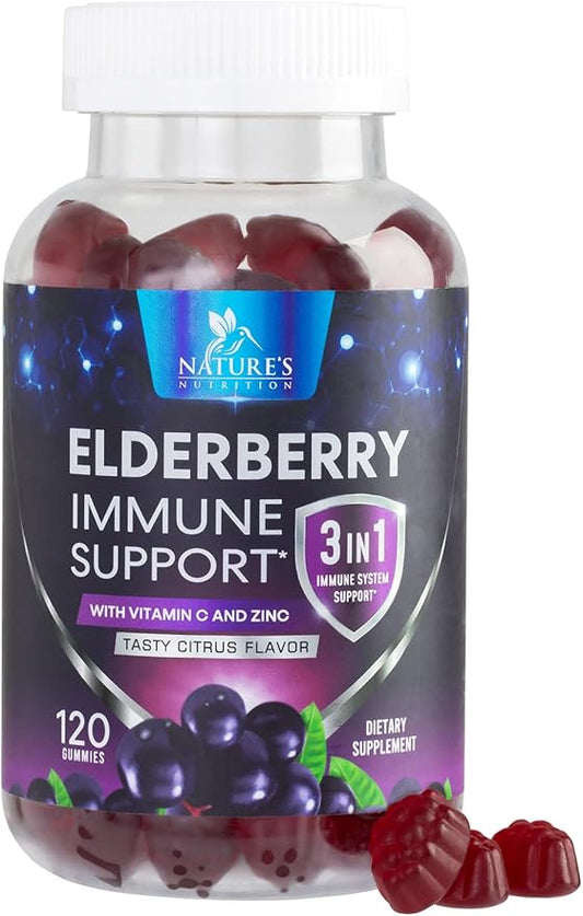 Sambucus Elderberry Immune Support Gummies for Kids & Adults, Elderberry Extract Gummy with Vitamins with Vitamin C, D3, Zinc, Immune Health Support Gummy Supplement, Black Elder Berry - 120 Gummies