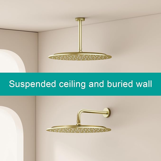 All Metal Rain Shower Head - Heavy Duty Stainless Steel, Easy Install, High Water Flow, Ultra-Thin Modern Design for Bathroom (F-Brushed Gold, 16)