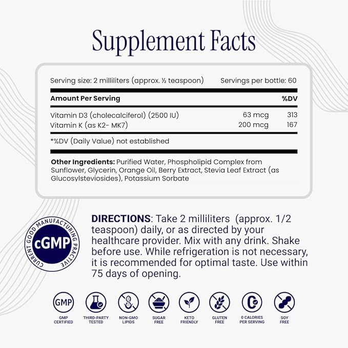 Liposomal D3K2 – Ultra High Absorption Liquid Vitamins D3 and K2 Supplement – Boosts Immune System & Overall Health; Supports Strong Bones & Muscles, and a Healthy Heart