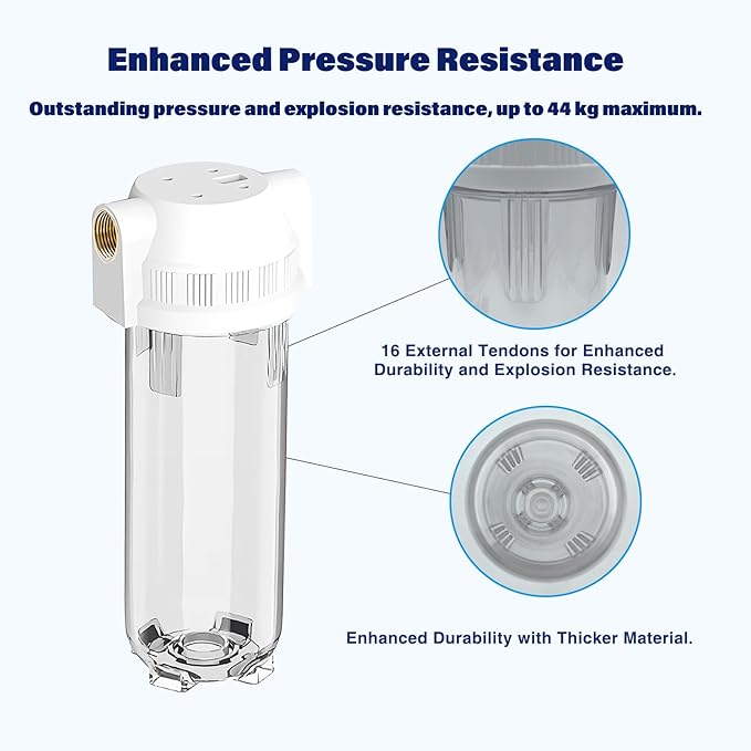 Whole House/RV Water Filter Housing Clear, 10" X 2.5" Inline Sediment Water Filter for RV, Home, Garden, Aquarium, Maple Syrup RO System, 3/4" G Brass Port, R-Type O-Ring, Heavy Duty Bracket-1025CBH