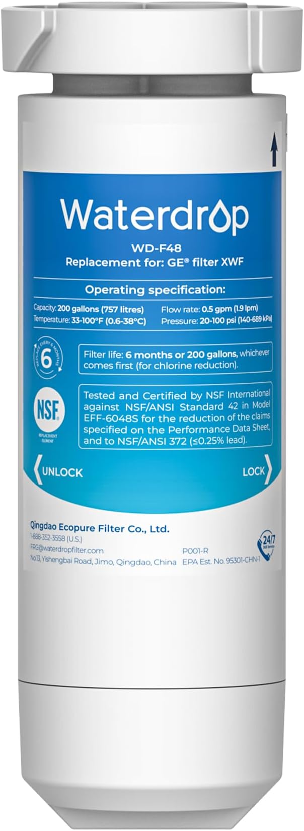 Waterdrop XWF NSF Certified Replacement for GE® XWF Refrigerator Water Filter, 1 Filter (Package may vary)